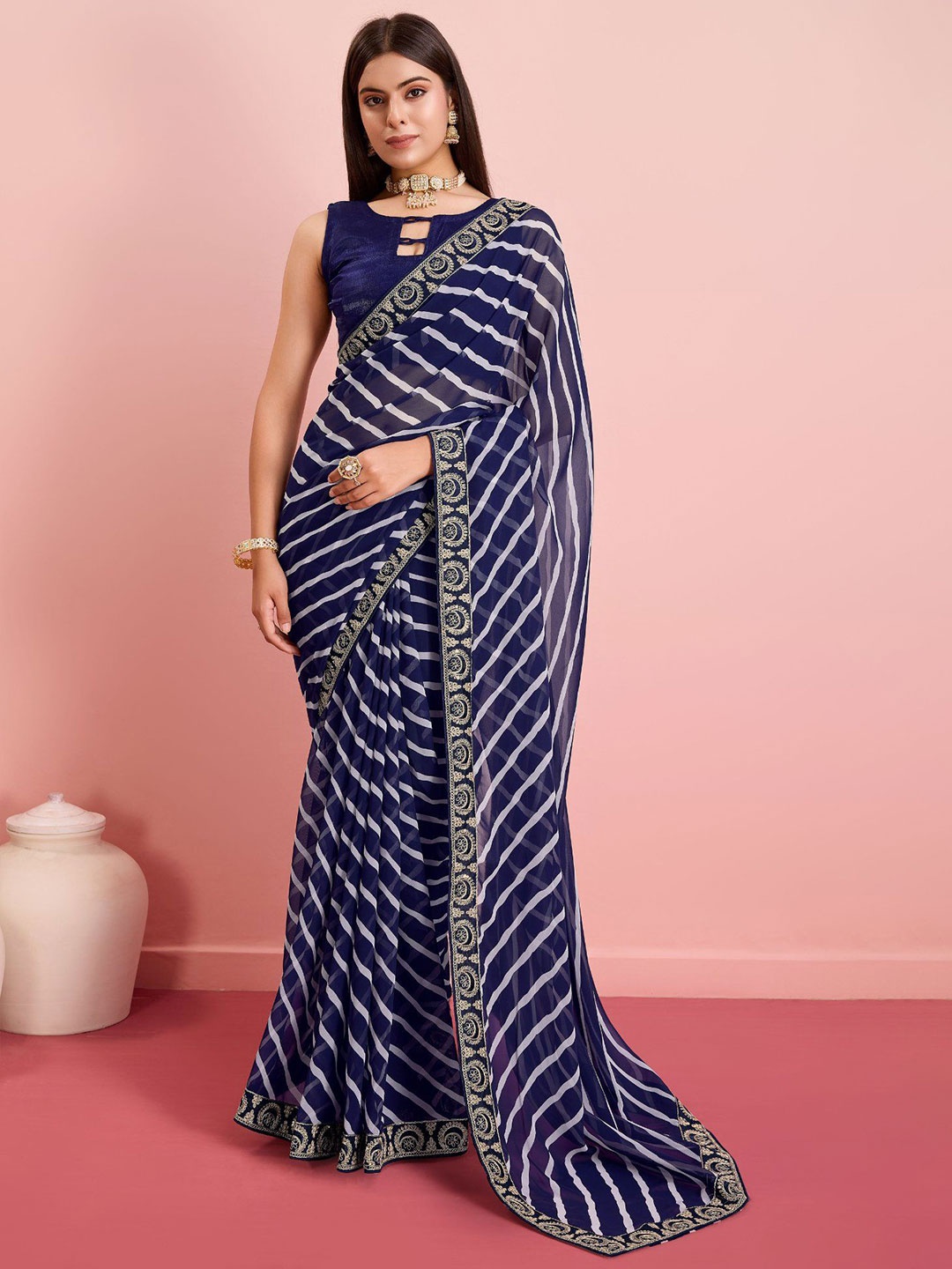 

MySilkLove Leheriya Embroidered Saree, Blue