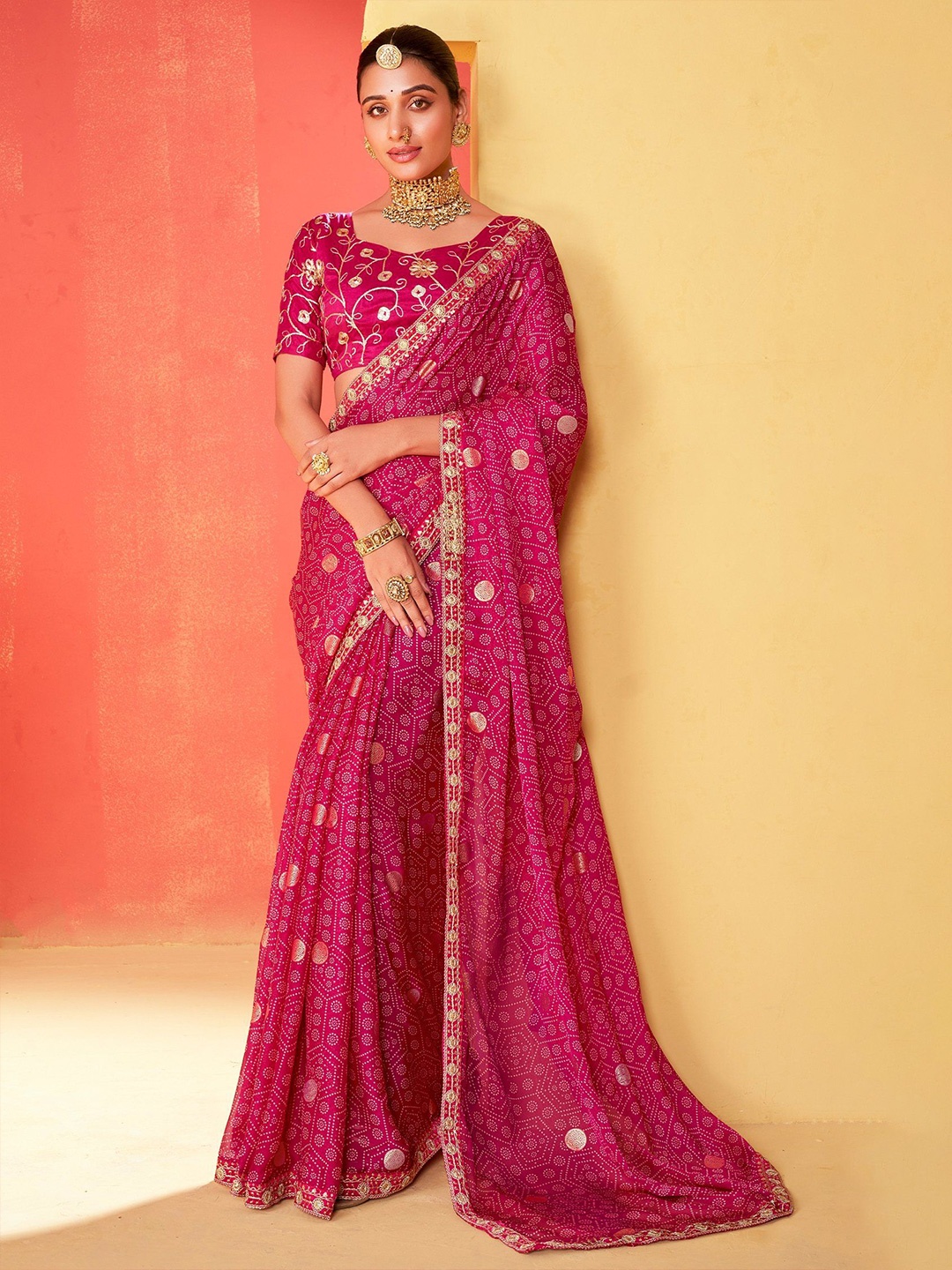 

MySilkLove Bandhani Embroidered Pure Chiffon Saree, Pink