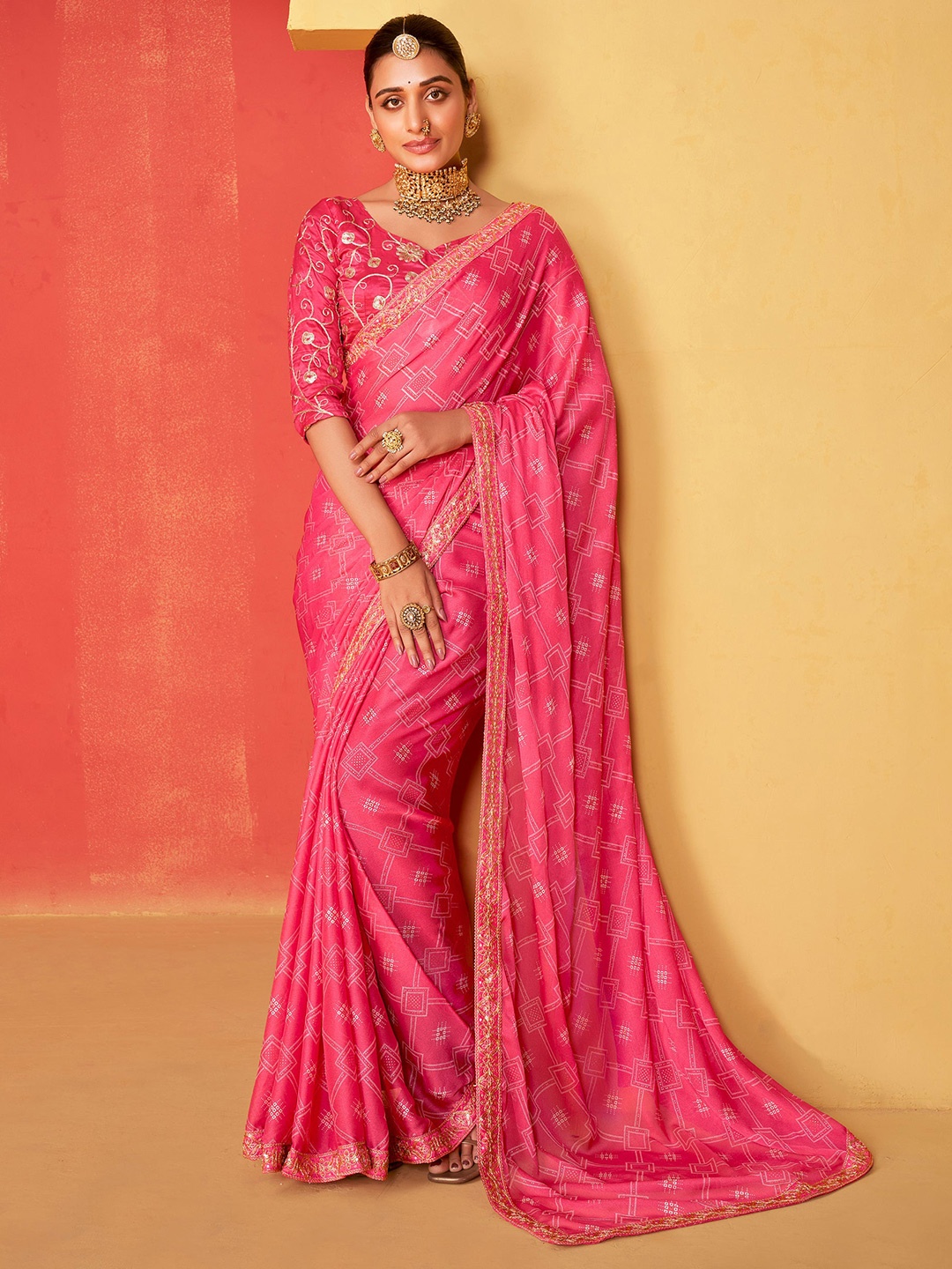 

MySilkLove Embroidered Pure Chiffon Saree, Pink