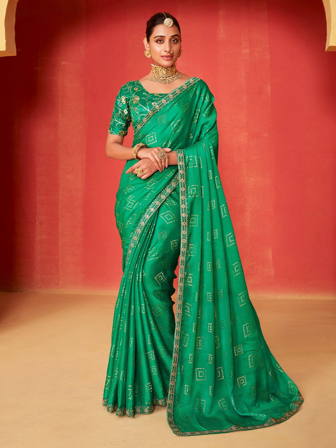 

MySilkLove Bandhani Embroidered Pure Chiffon Saree, Green