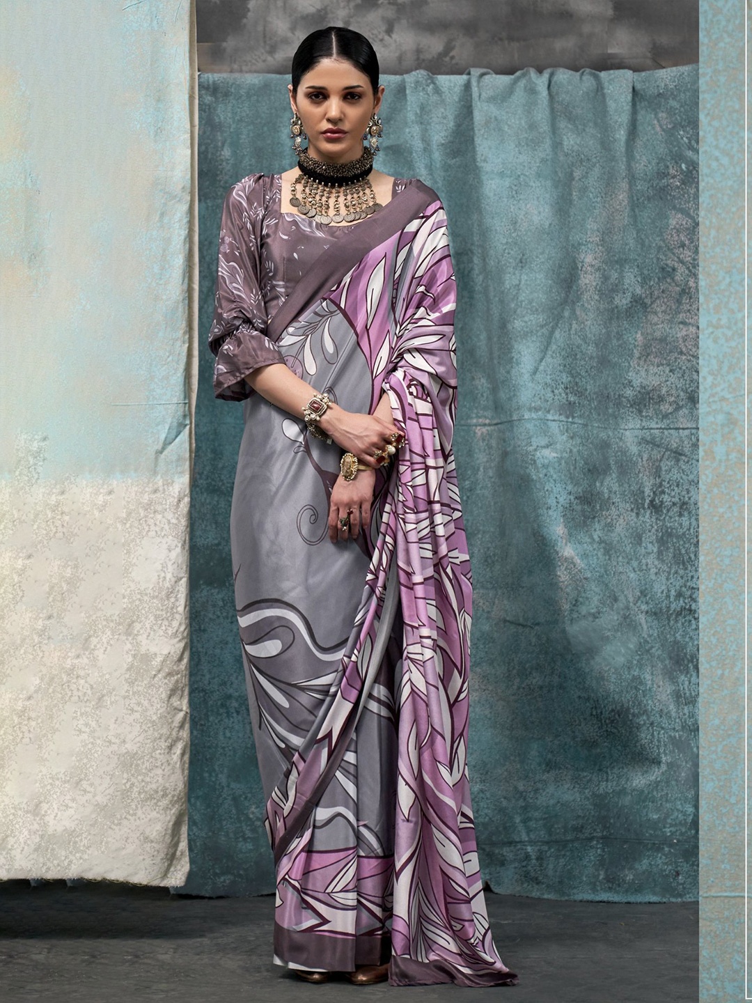 

MySilkLove Floral Satin Saree, Grey