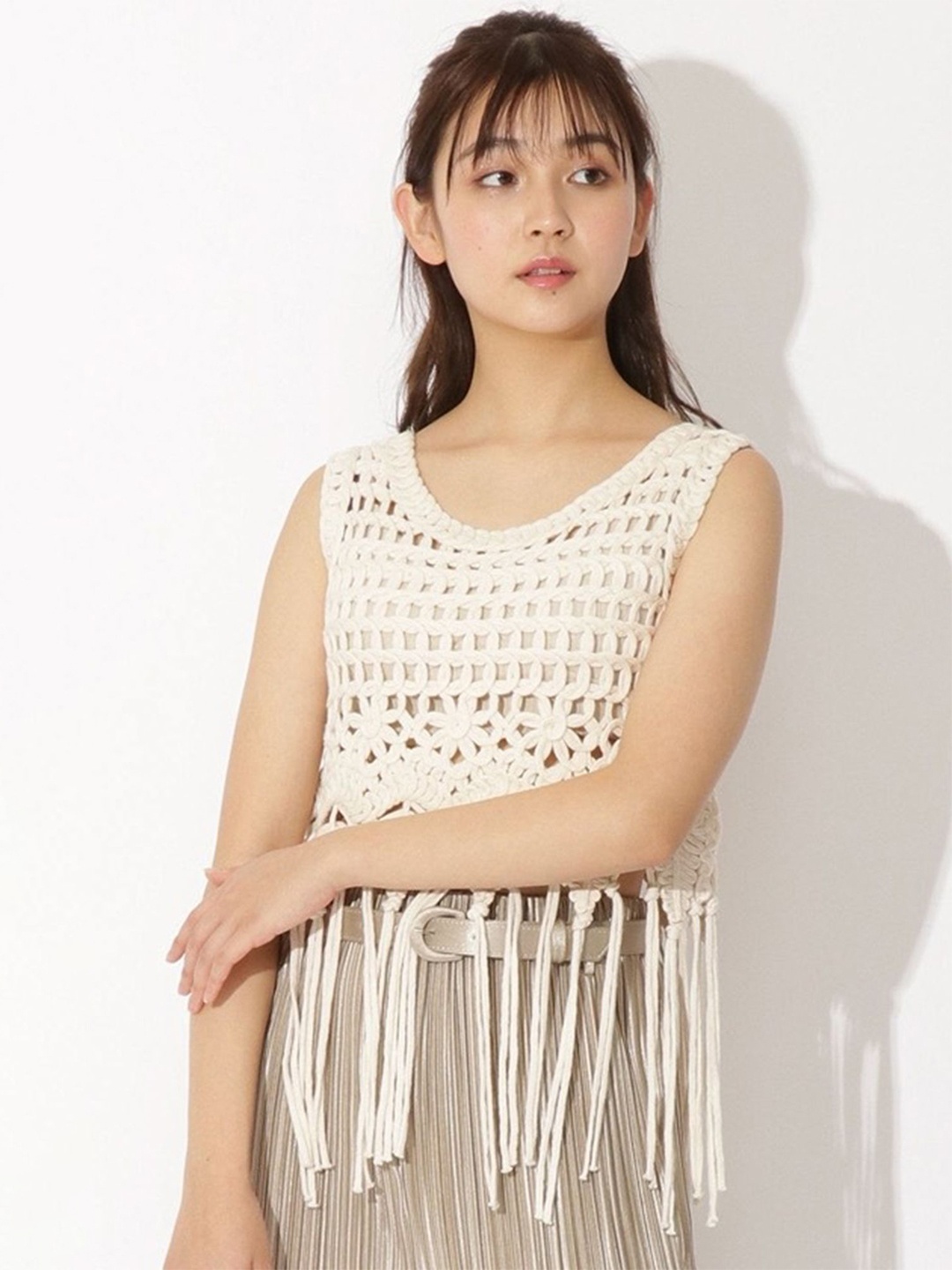 

LULU & SKY Sleeveless Self Design Top, Beige