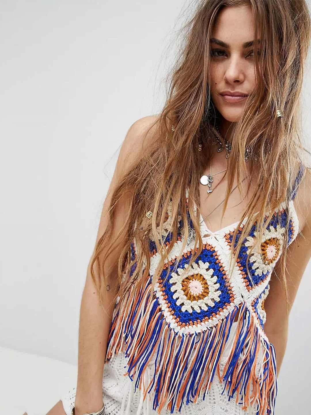 

LULU & SKY Self Design Sleeveless Crochet Top, Blue