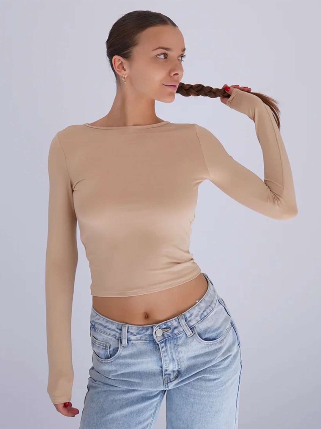 

LULU & SKY Solid Boat Neck Crop Top, Beige