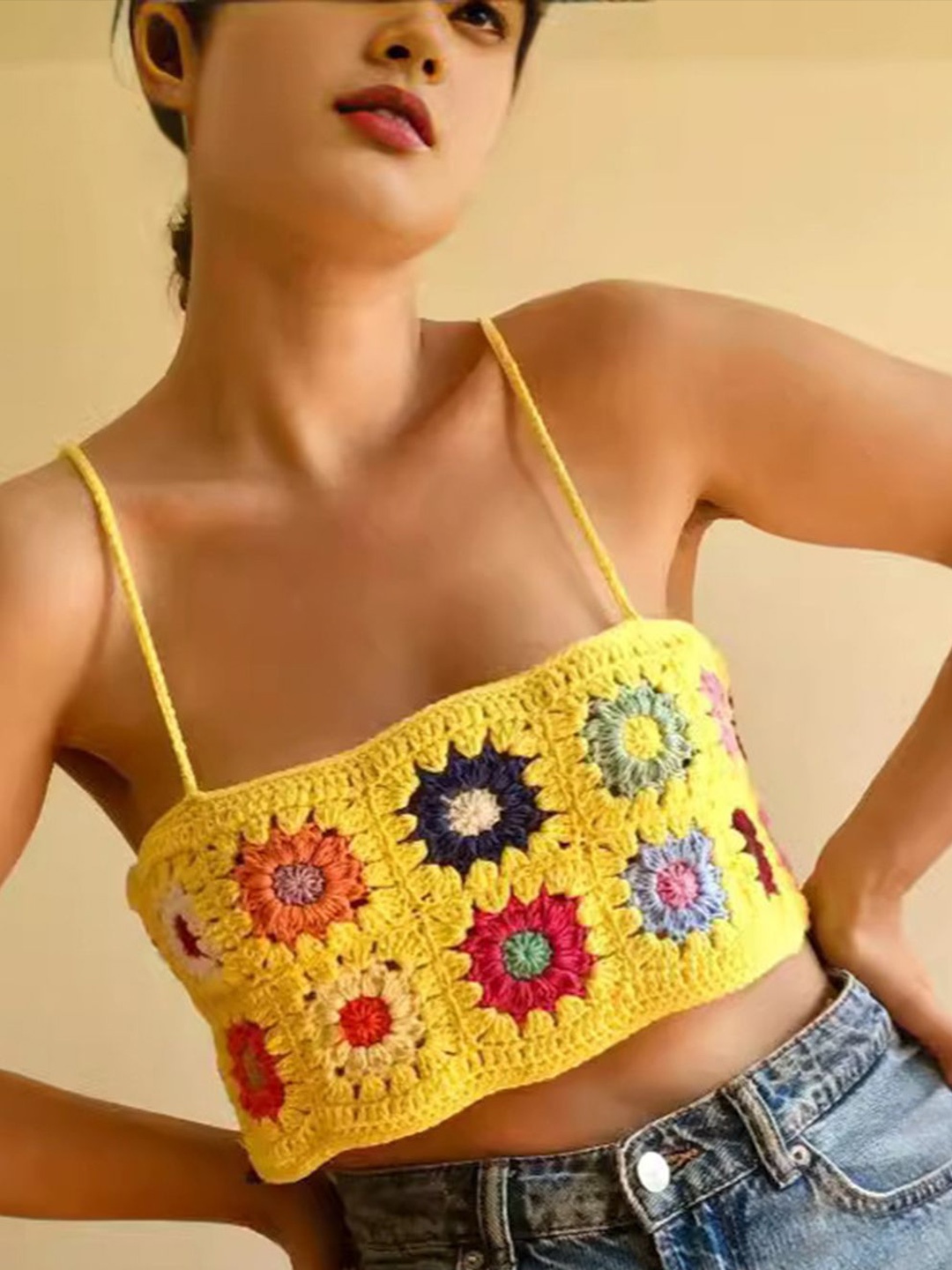 

LULU & SKY Floral Printed Crochet Crop Top, Yellow
