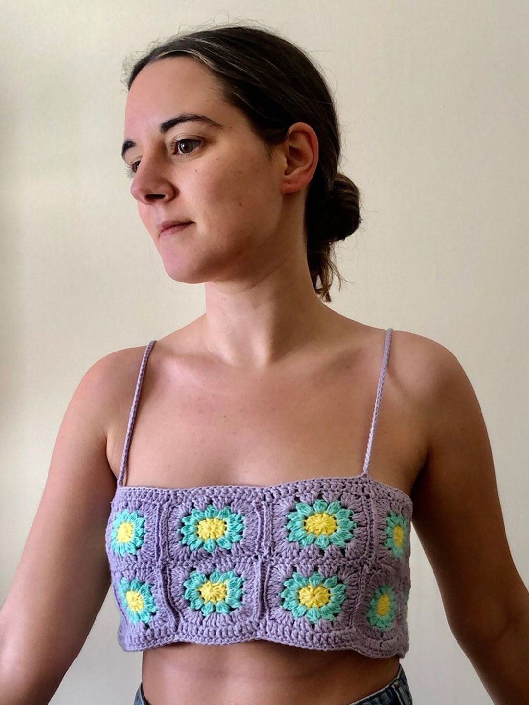

LULU & SKY Floral Printed Sleeveless Crochet Crop Top, Purple