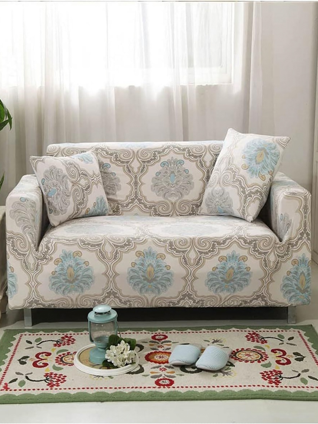 

Furshine Cream-Coloured & Green Printed Stretchable Sofa Cover