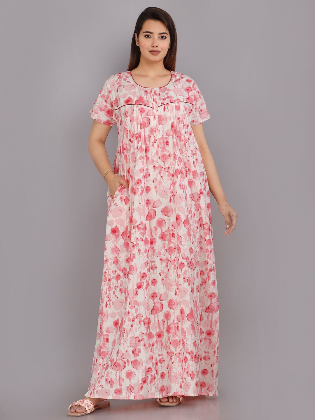 

URALI Abstract Printed Round Neck Short Sleeves Pure Cotton Maxi Nightdress, Pink