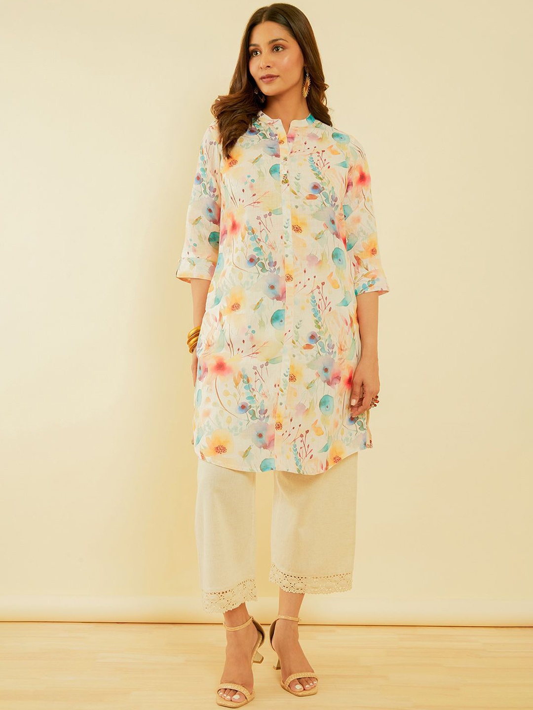 

Soch Mandarin Collar Floral Printed A-Line Kurta, Cream