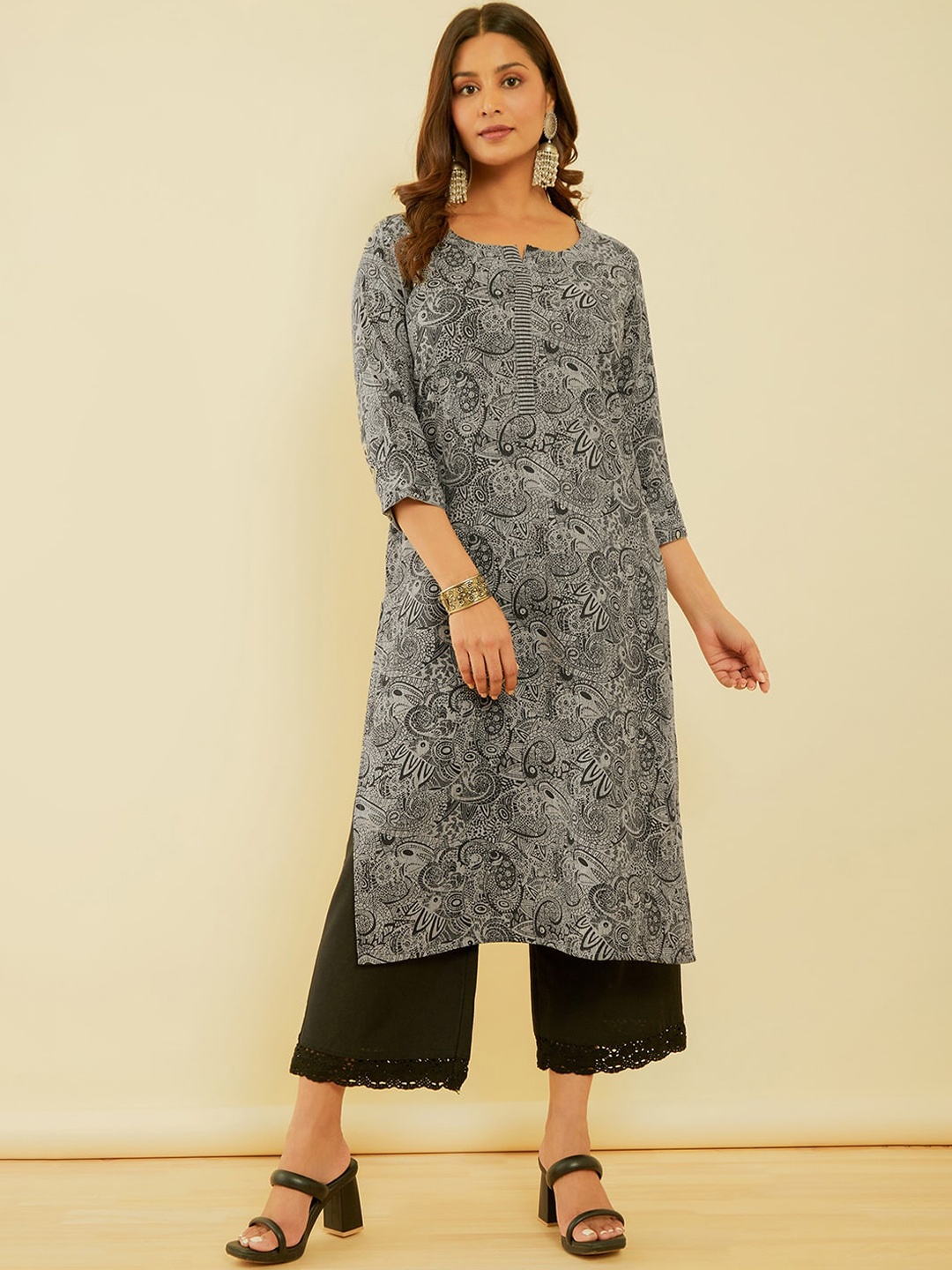 

Soch Notch Neck Ethnic Motifs Printed Straight Kurta, Grey