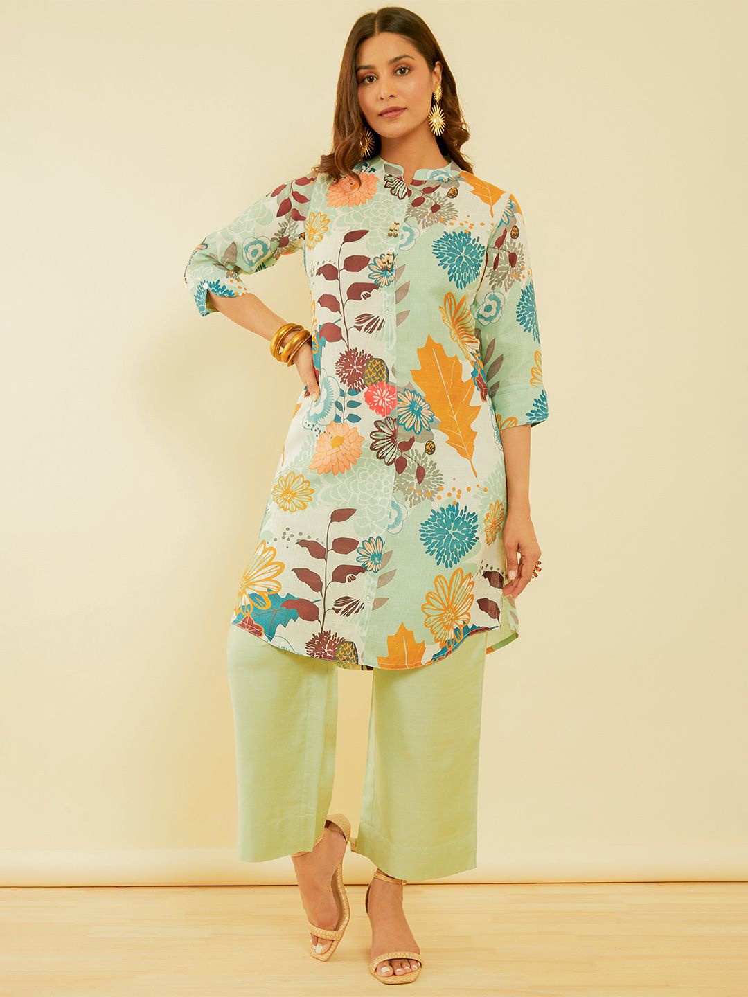 Soch Mandarin Collar Floral Printed A-Line Kurta, Cream
