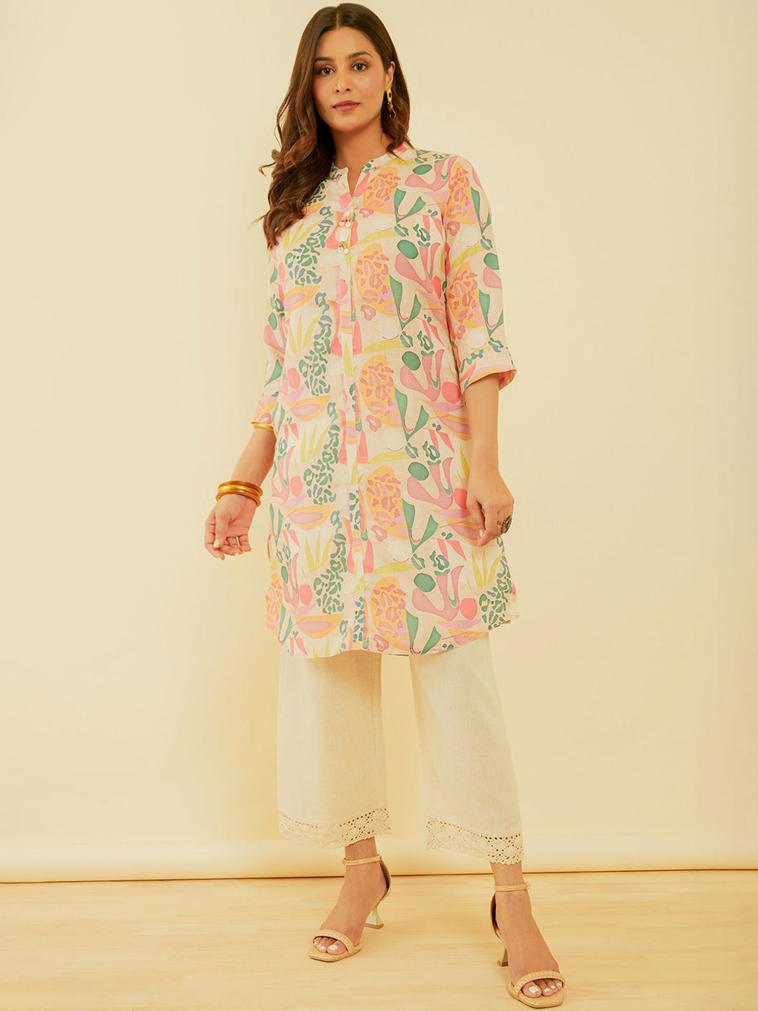 

Soch Mandarin Collar Three Quarter Sleeves Printed A-Line Kurta, Beige