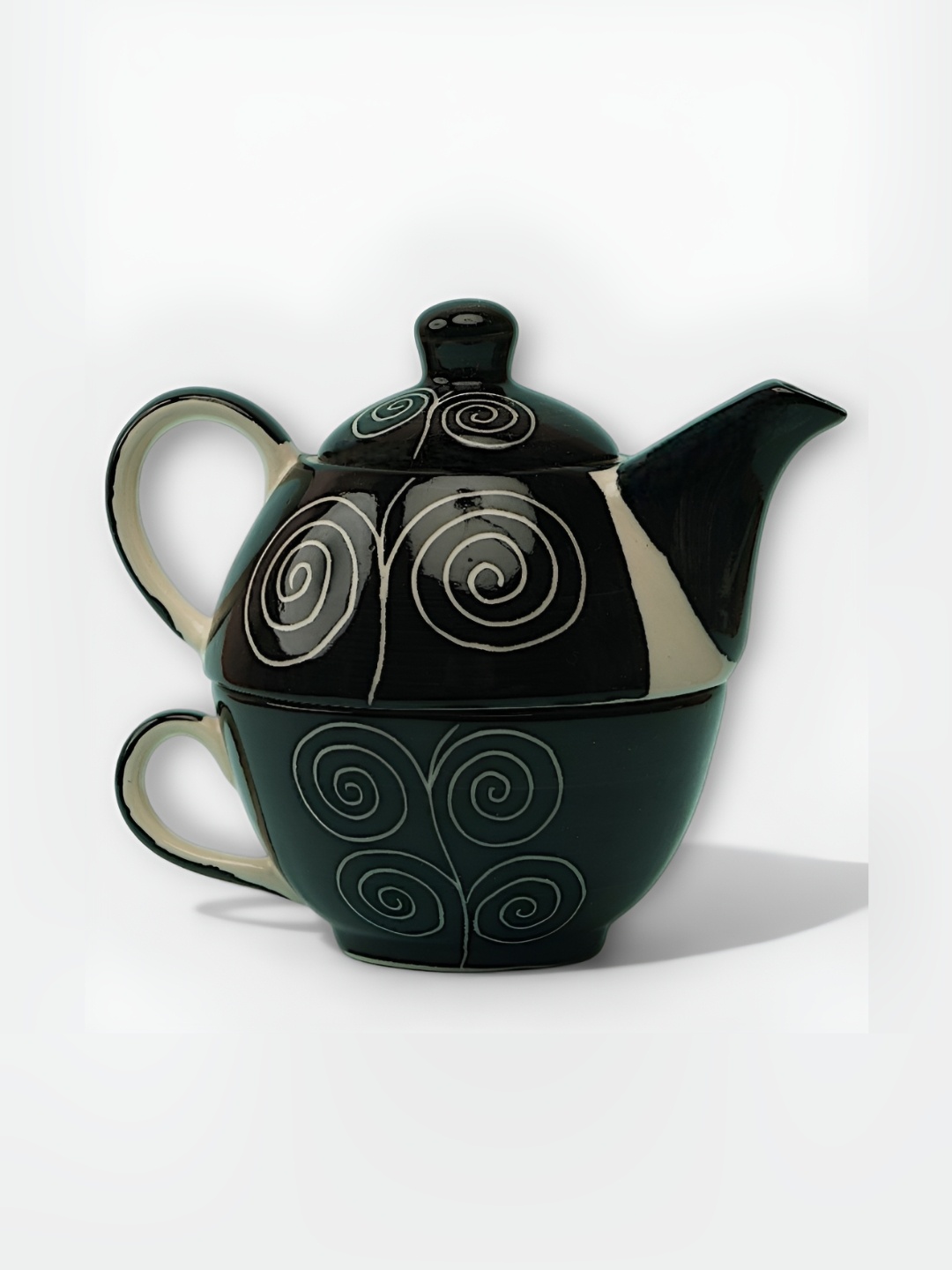 

Claymistry Black & Green Printed Ceramic Glossy Kettle With Tea Cup