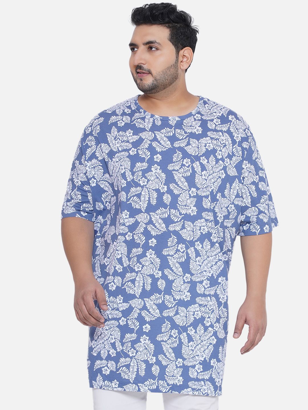 

Santonio Men Plus Size Tropical Printed Round Neck Cotton T-shirt, Blue