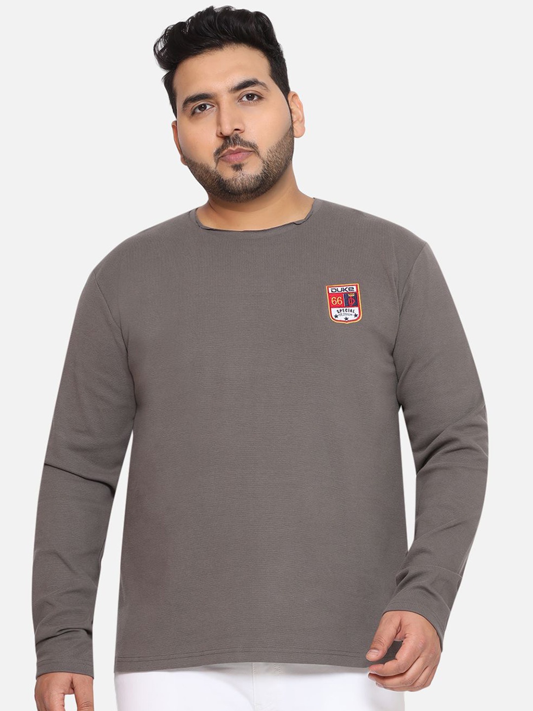 

Santonio Men Plus Size Solid Round Neck Raw Edge Cotton T-shirt, Grey