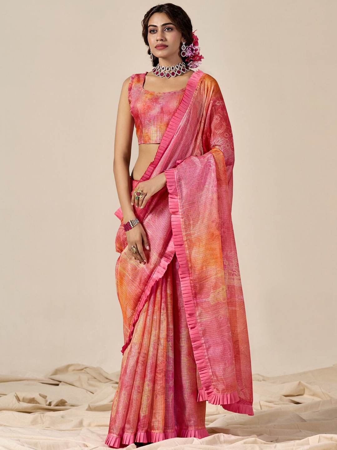 

Panzora Checked Kota Saree, Pink