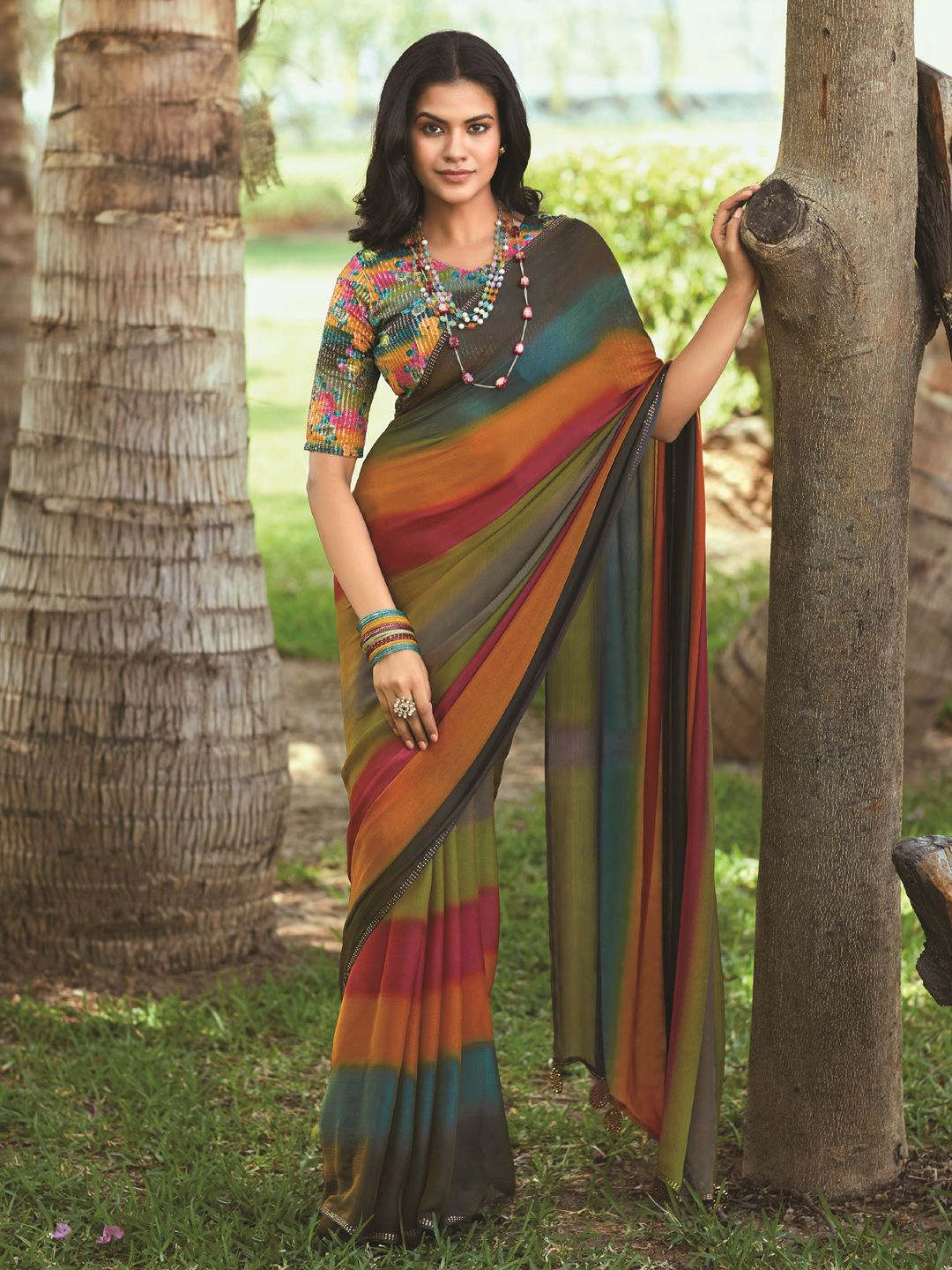 

Panzora Striped Beads and Stones Saree, Green
