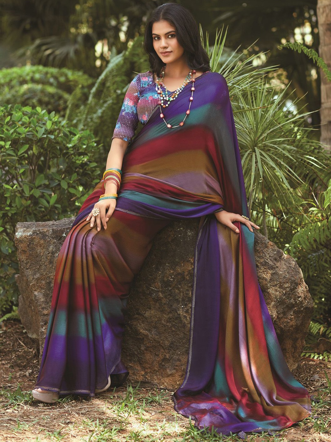 

Panzora Striped Embellished Saree, Purple