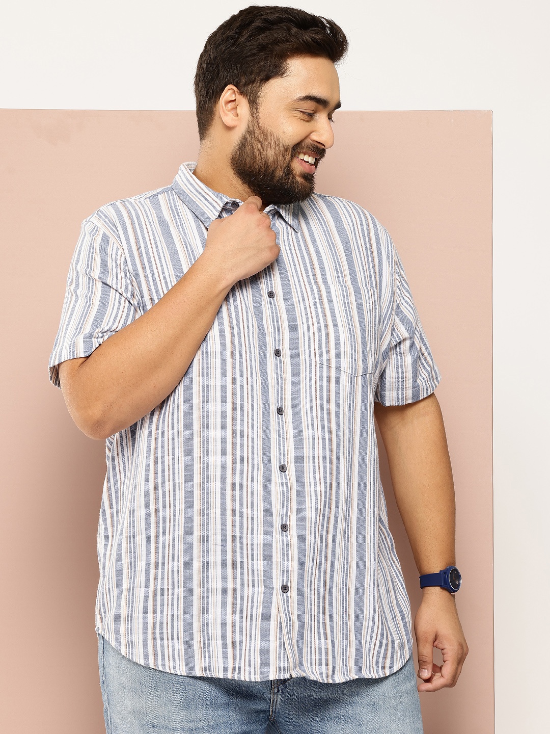 

Sztori Men Plus Size Striped Casual Shirt, Blue