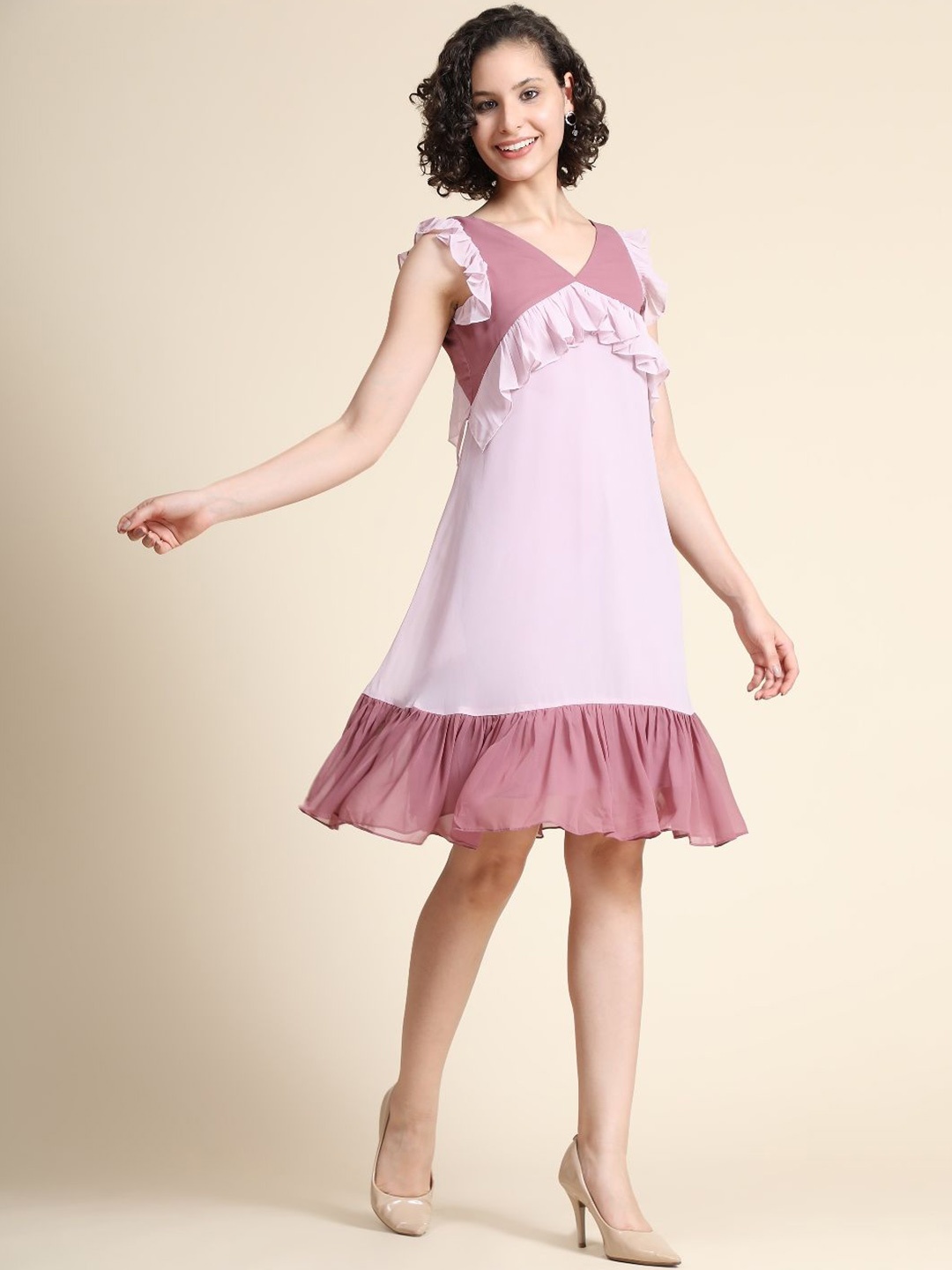 

BAESD Shoulder Straps Ruffled Georgette A-Line Dress, Pink
