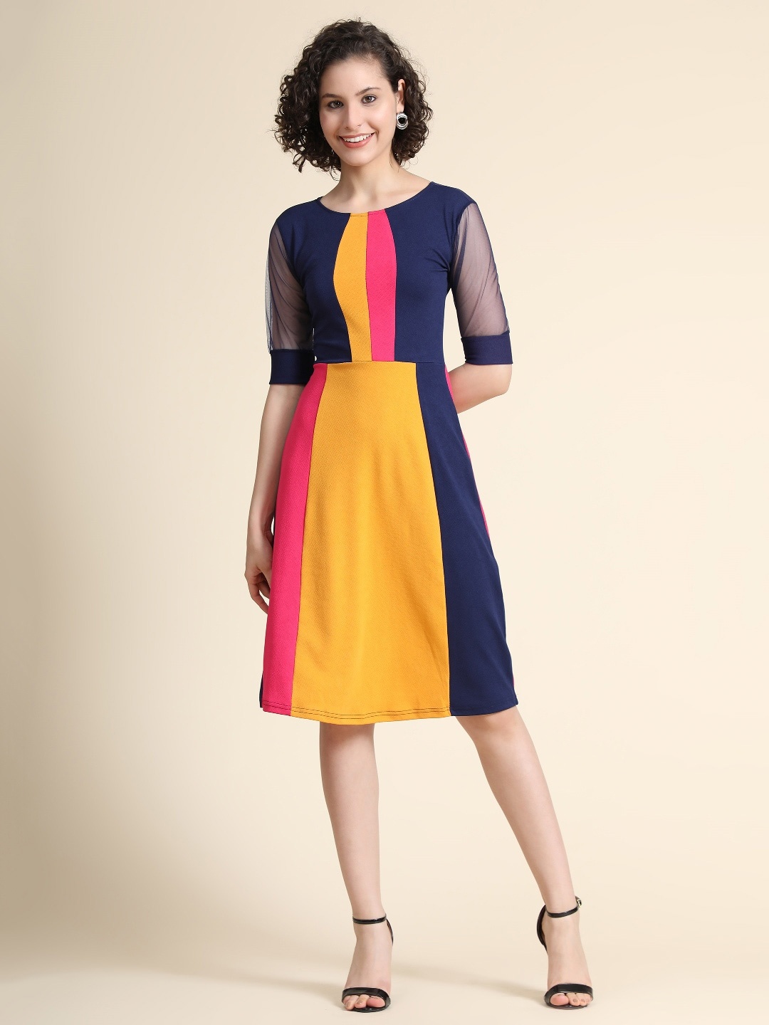 

BAESD Colourblocked Short Sleeves Knee Length A-Line Dress, Navy blue