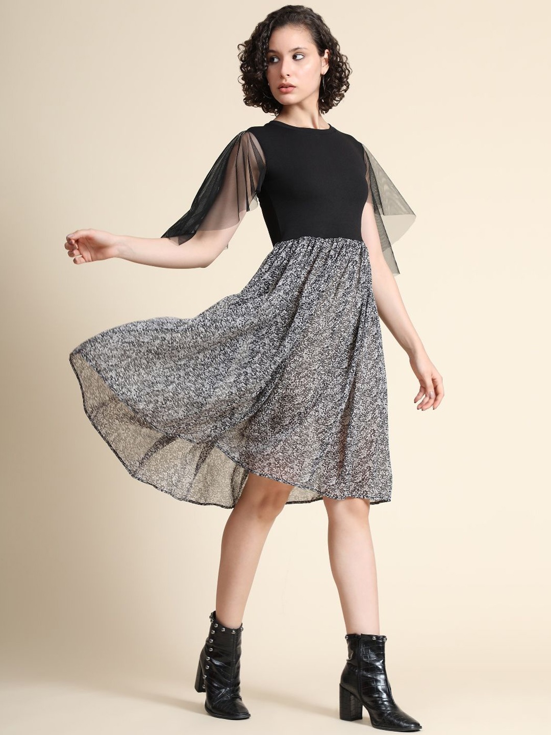 

BAESD Textured Print Flared Sleeve Fit & Flare Dress, Black