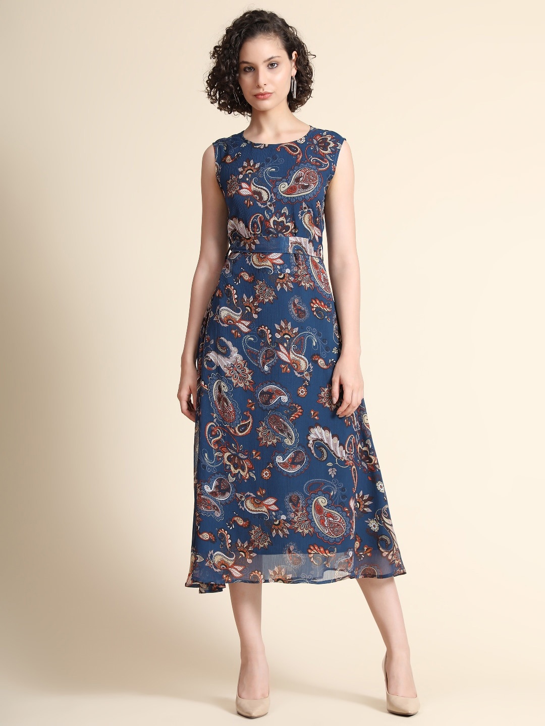 

BAESD Paisley Printed A-Line Midi Dress, Navy blue