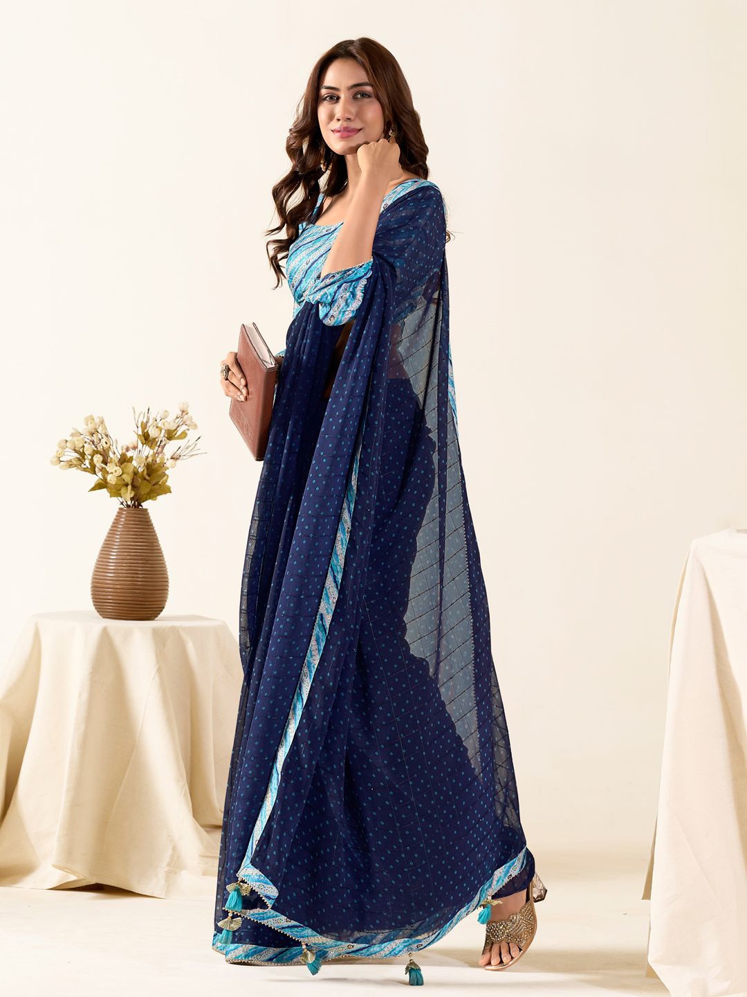 

Panzora Poly Georgette Embellished Printed Saree, Blue