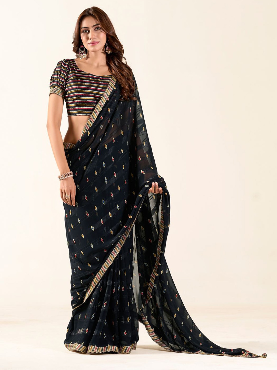 

Panzora Striped Gotta Patti Saree, Black