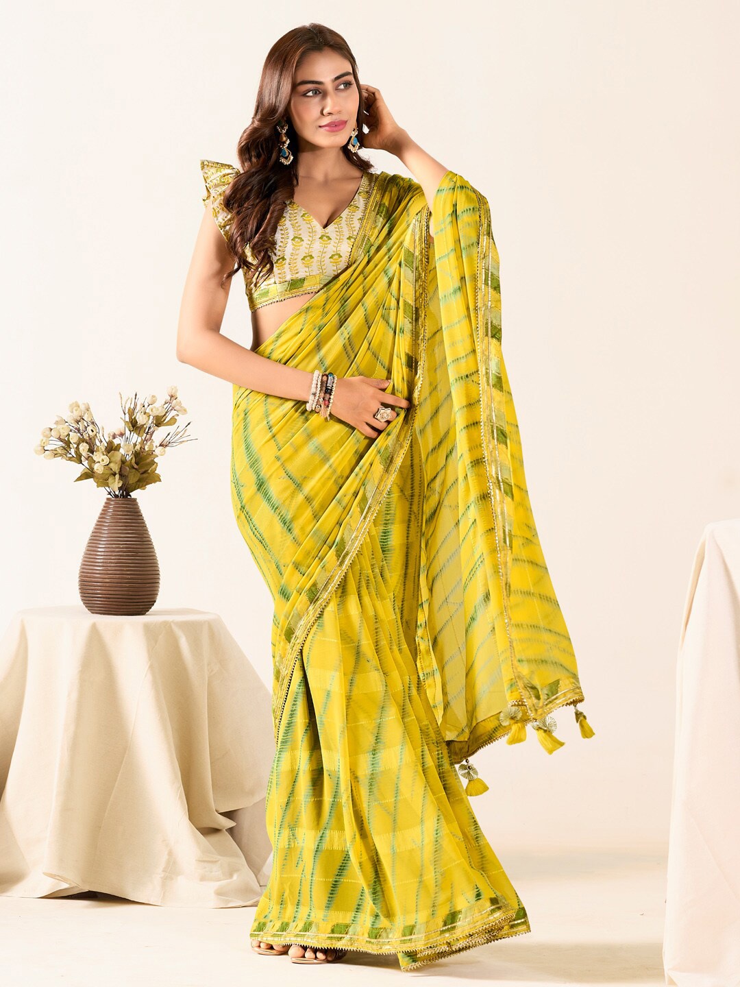 

Panzora Tie and Dye Gotta Patti Saree, Yellow