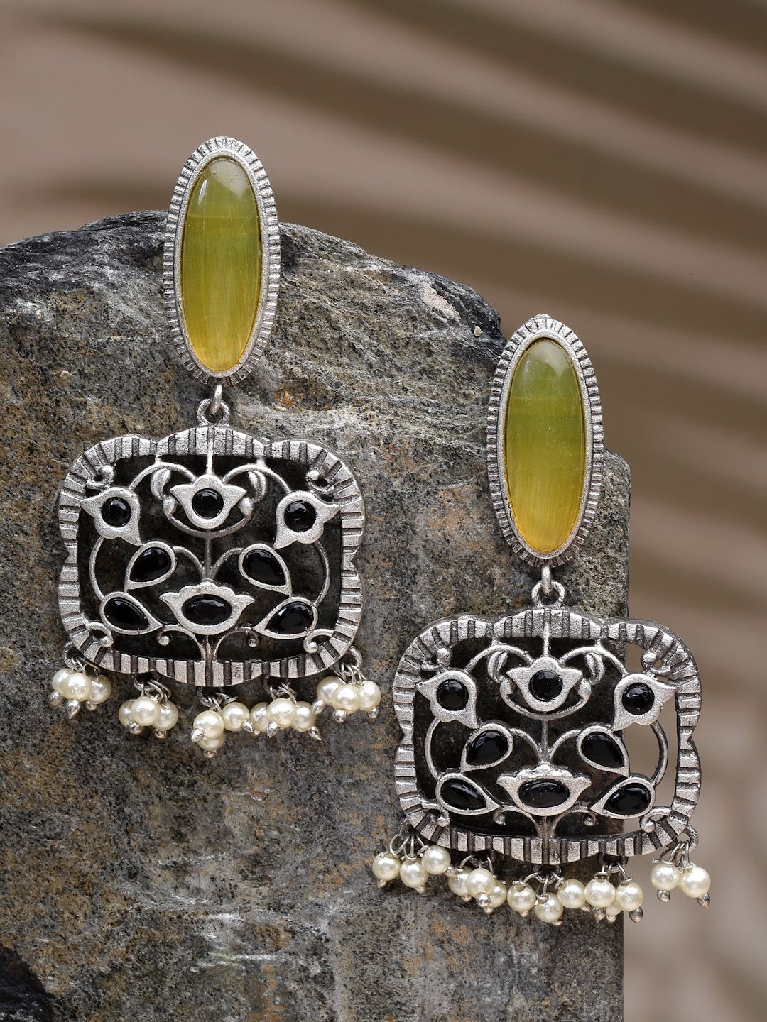

Sanjog Silver-Plated Contemporary Artificial Stones Drop Earrings, Yellow