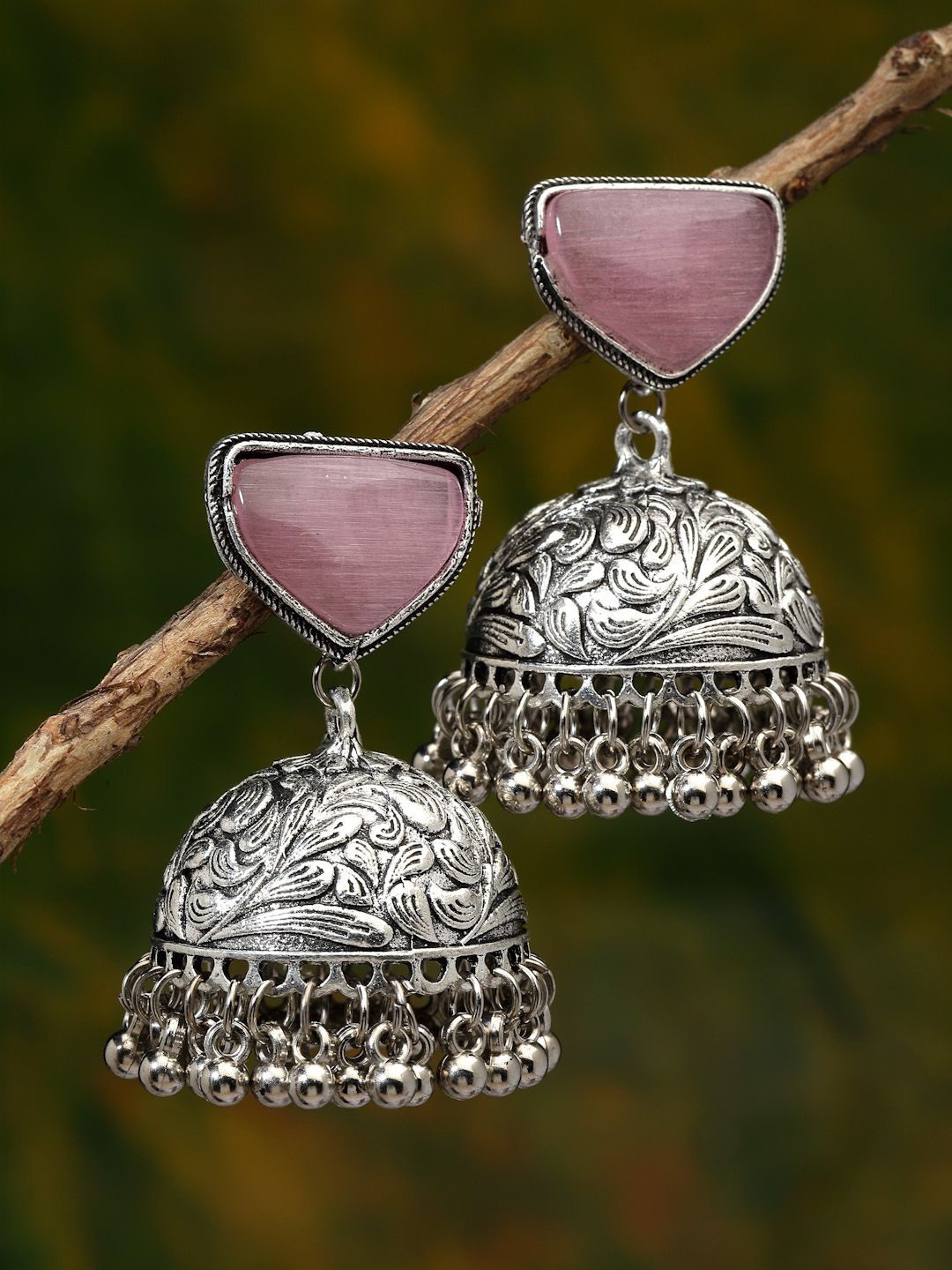 

Sanjog Silver-Plated Contemporary Artificial Stones Jhumkas