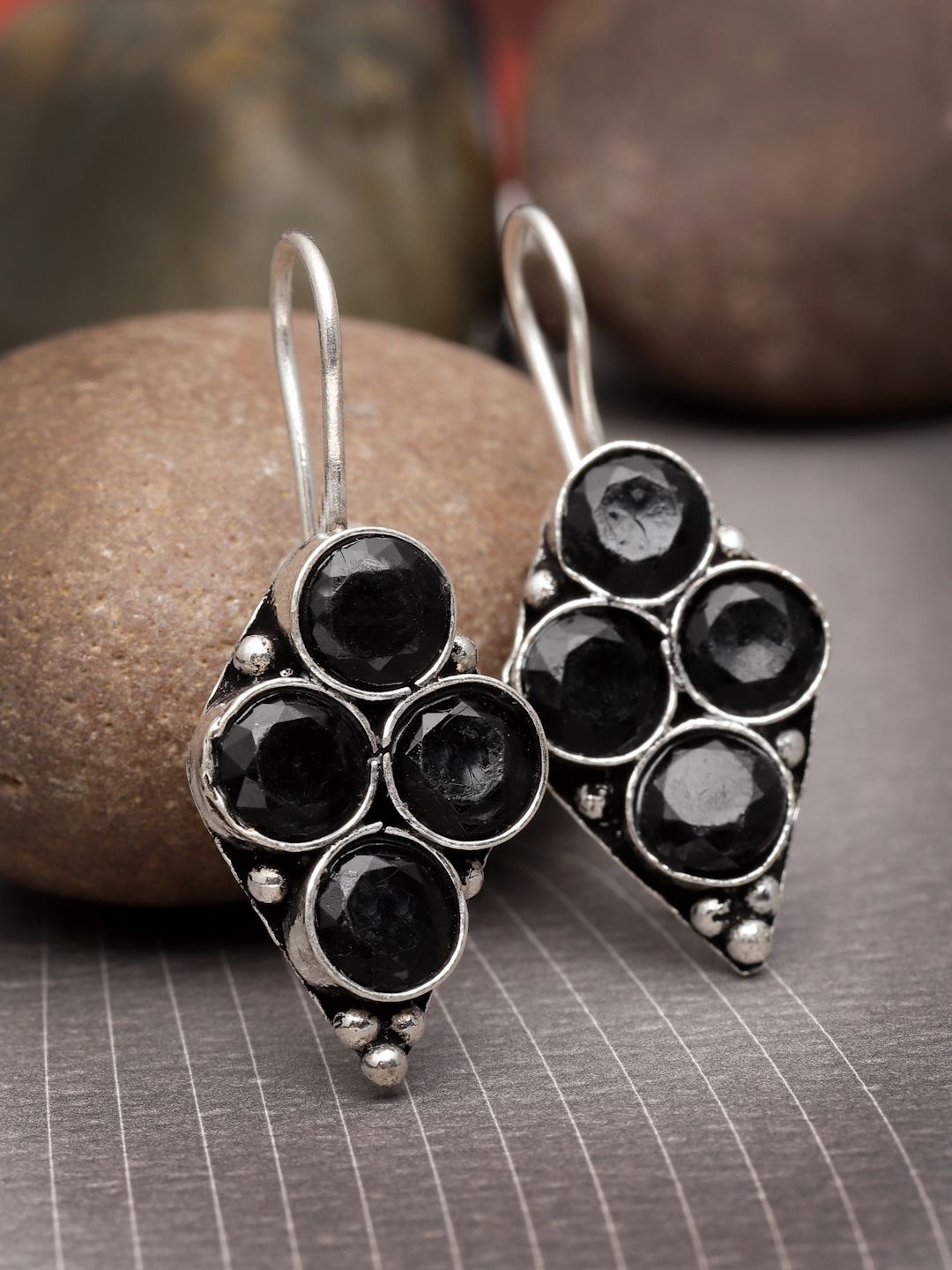 

Sanjog Silver-Plated German Silver Contemporary Oxidised Artificial Stones Stud Earrings, Black