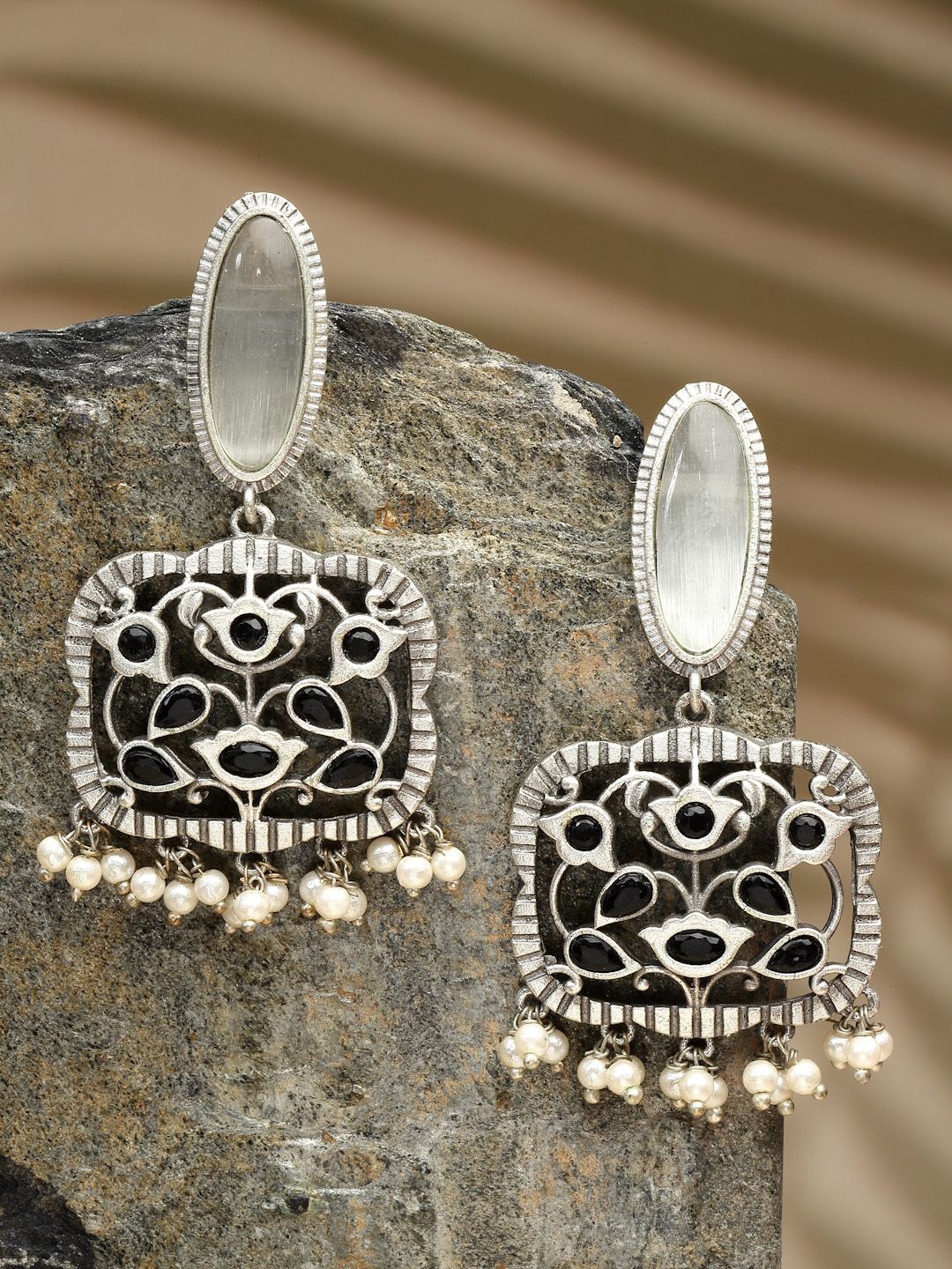 

Sanjog Silver-Plated Contemporary Artificial Stones Drop Earrings