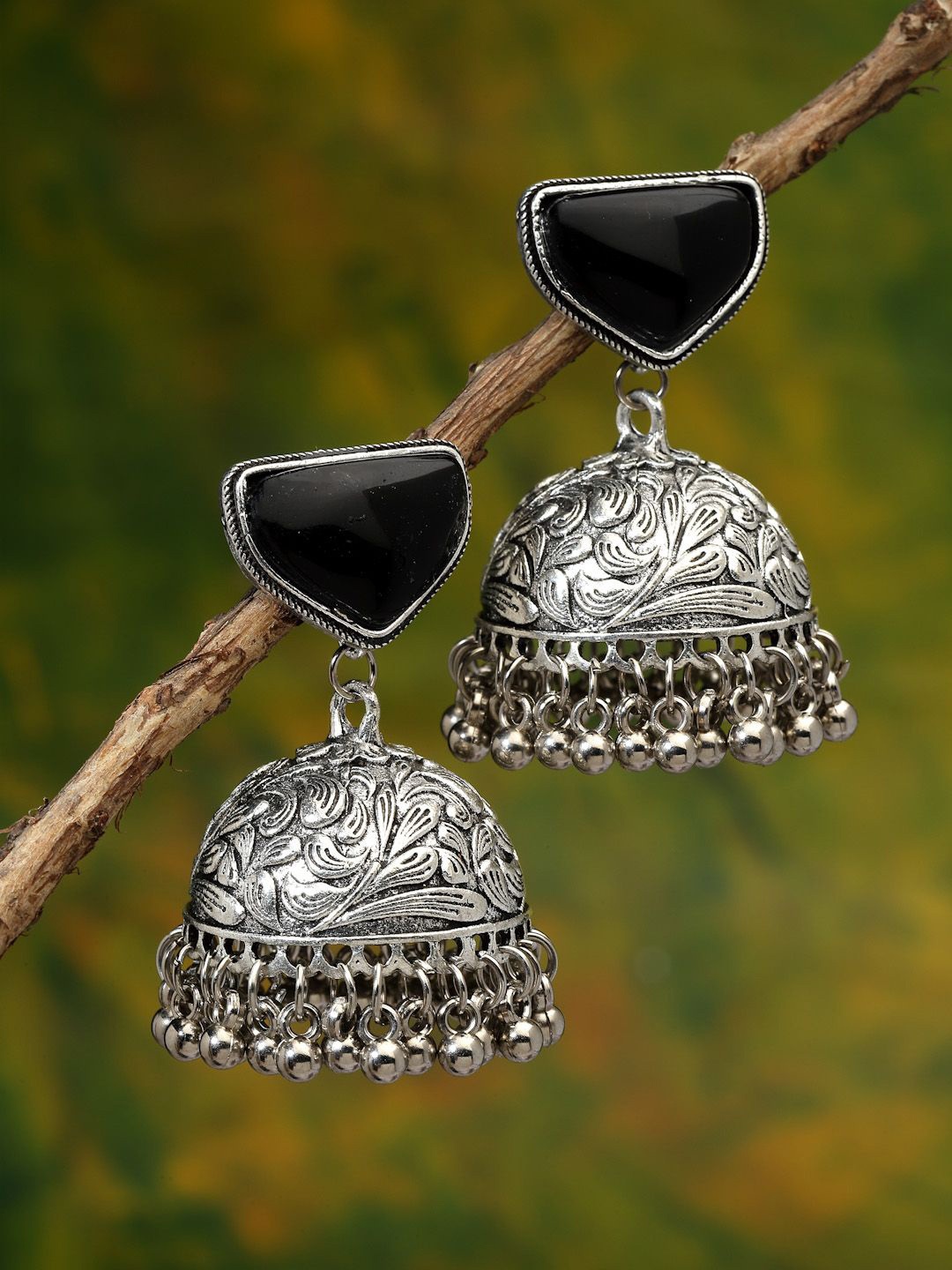 

Sanjog Silver-Plated German Silver Contemporary Oxidised Jhumka Earrings
