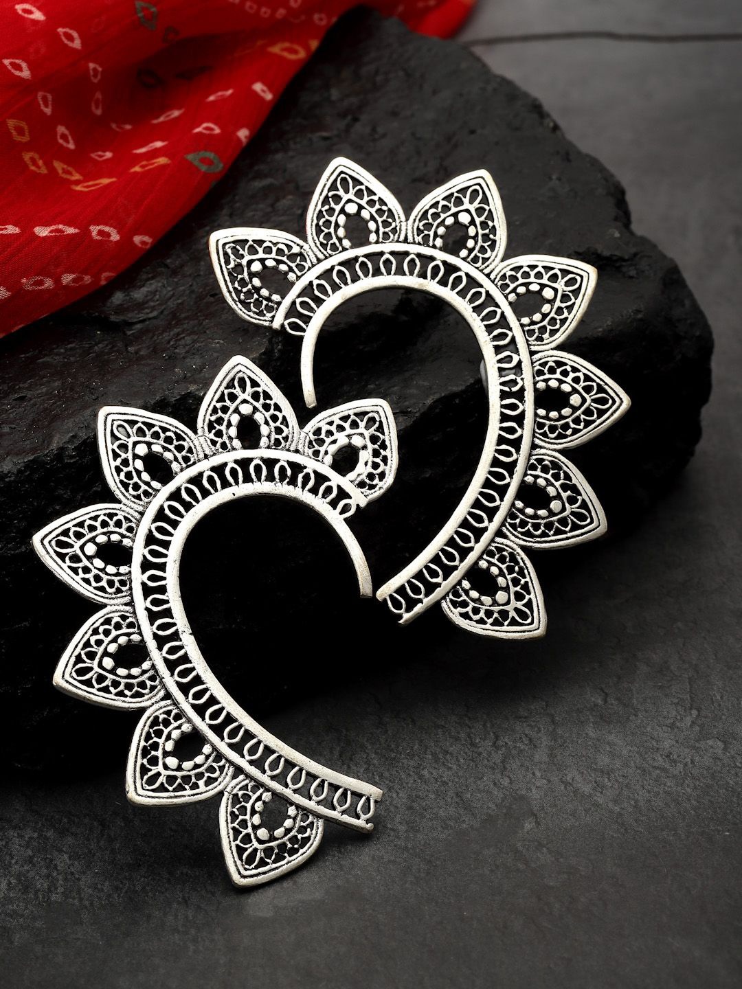 

Sanjog Set of 2 Silver-Plated Contemporary Leafy Statement Ear Cuffs Antique Earring