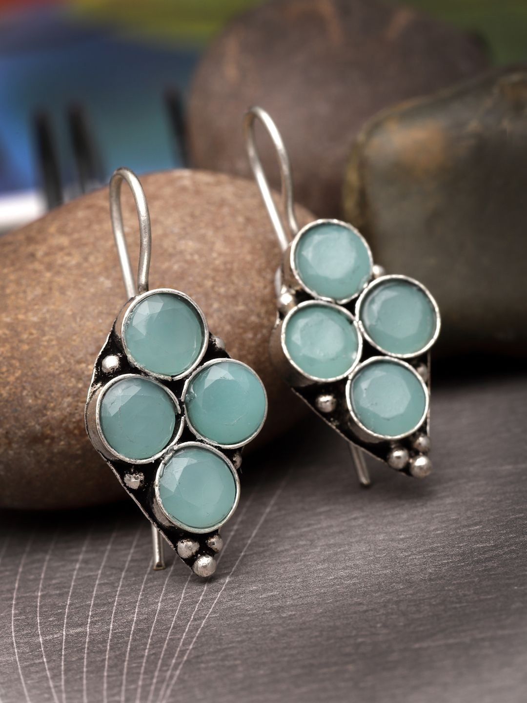 

Sanjog Silver-Plated Contemporary Artificial Stones Drop Earrings, Sea green