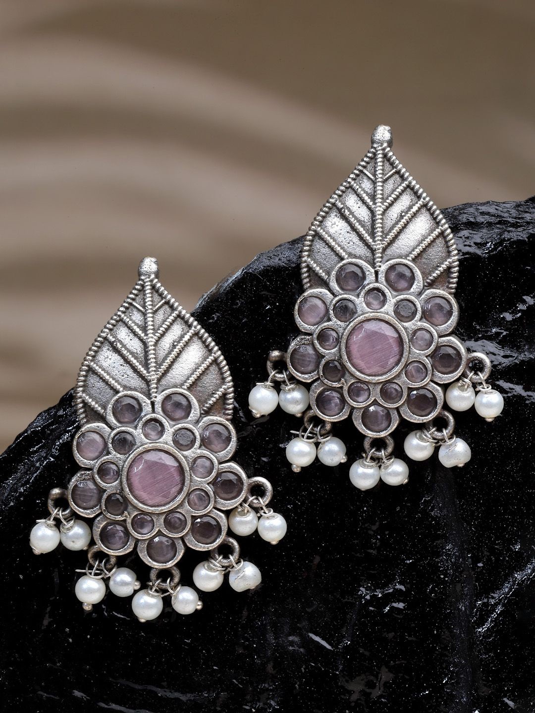 

Sanjog Silver-Plated Contemporary Artificial Beads Studded Earrings, Pink