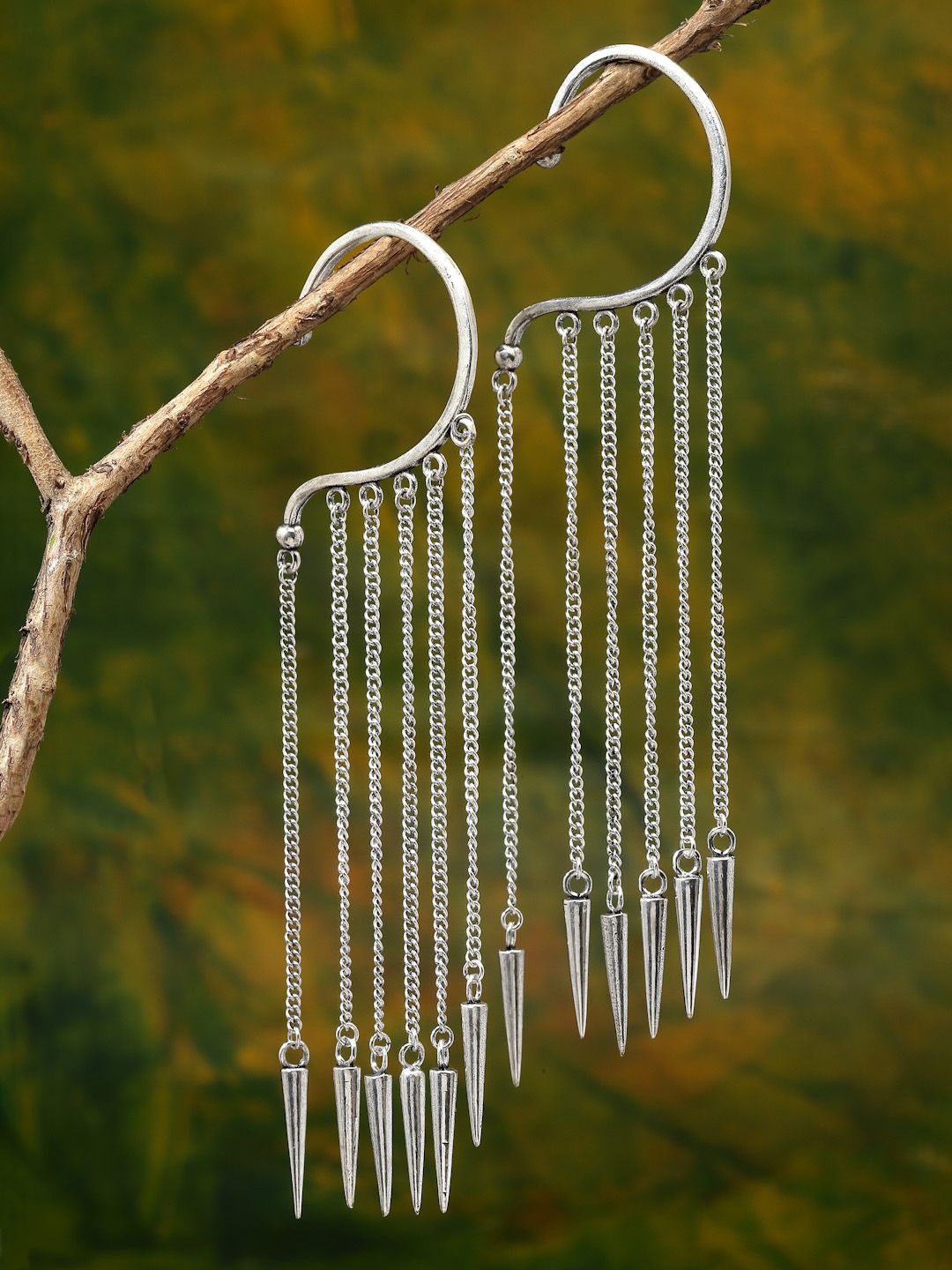 

Sanjog Silver-Plated Contemporary Ear Cuff Drop Long Snake Chain Statement Dangle Hoop Earrings