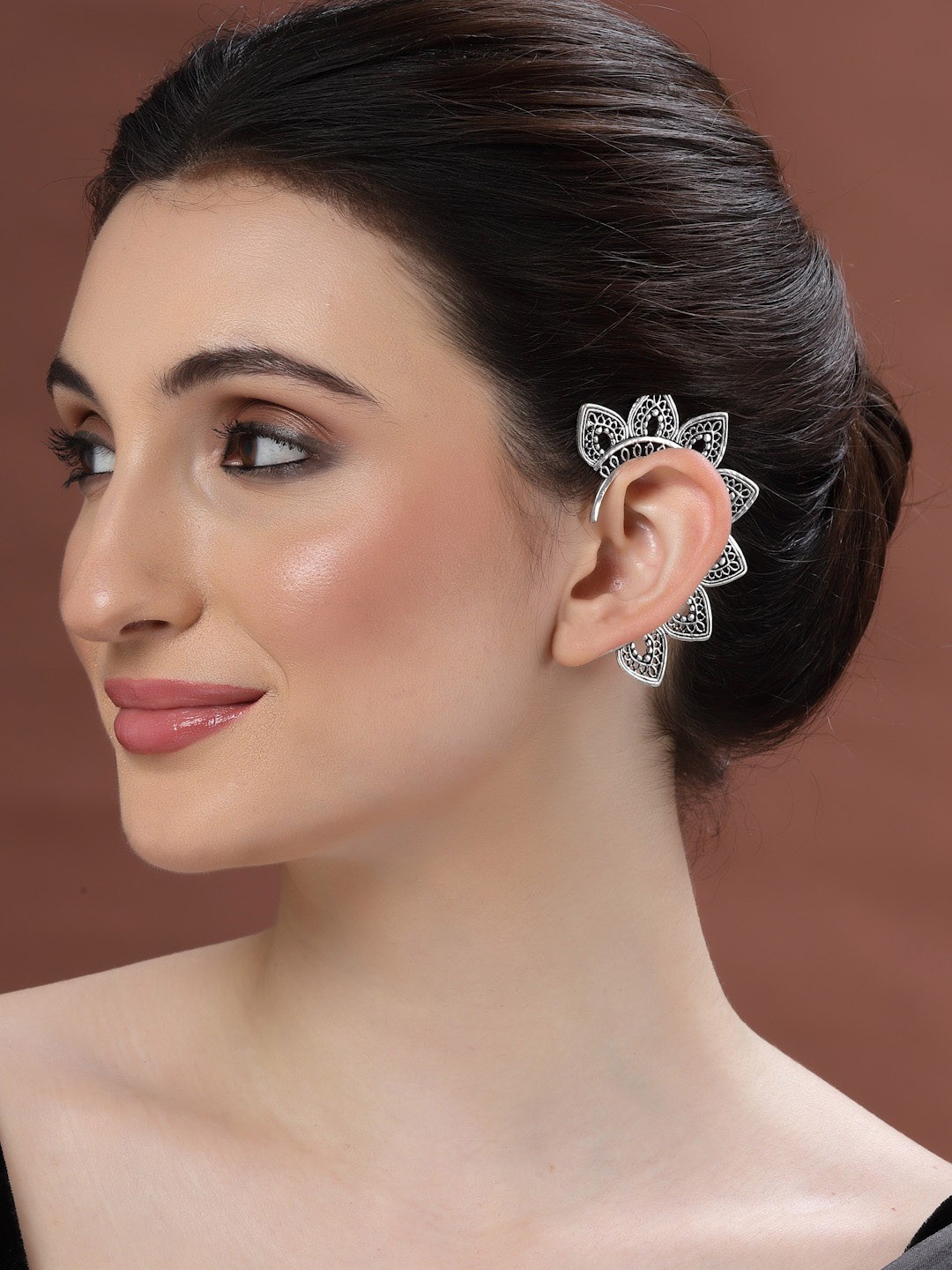 

Sanjog Silver-Plated Contemporary Leafy Statement Ear Cuffs Earring