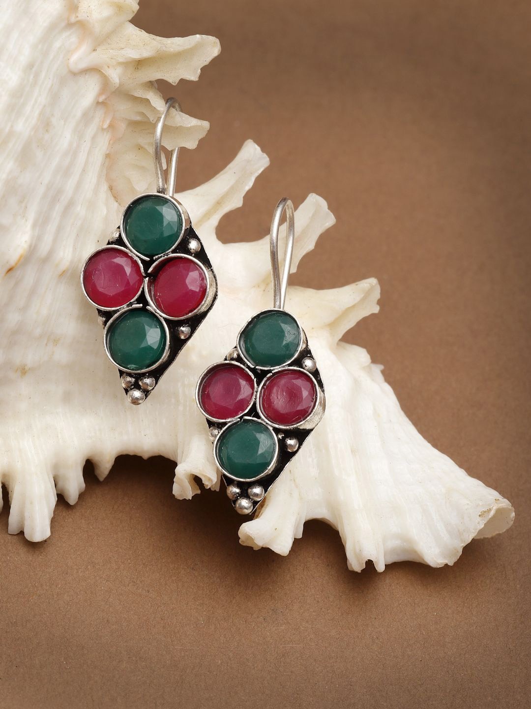 

Sanjog Silver-Plated Contemporary Artificial Stones Drop Earrings, Pink