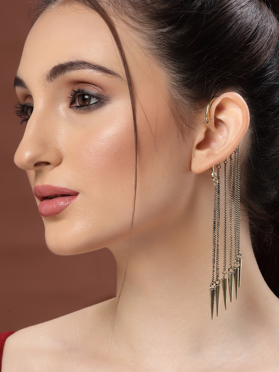 

Sanjog Gold-Plated Contemporary Ear Cuff Drop Long Snake Chain Statement Dangle Earrings