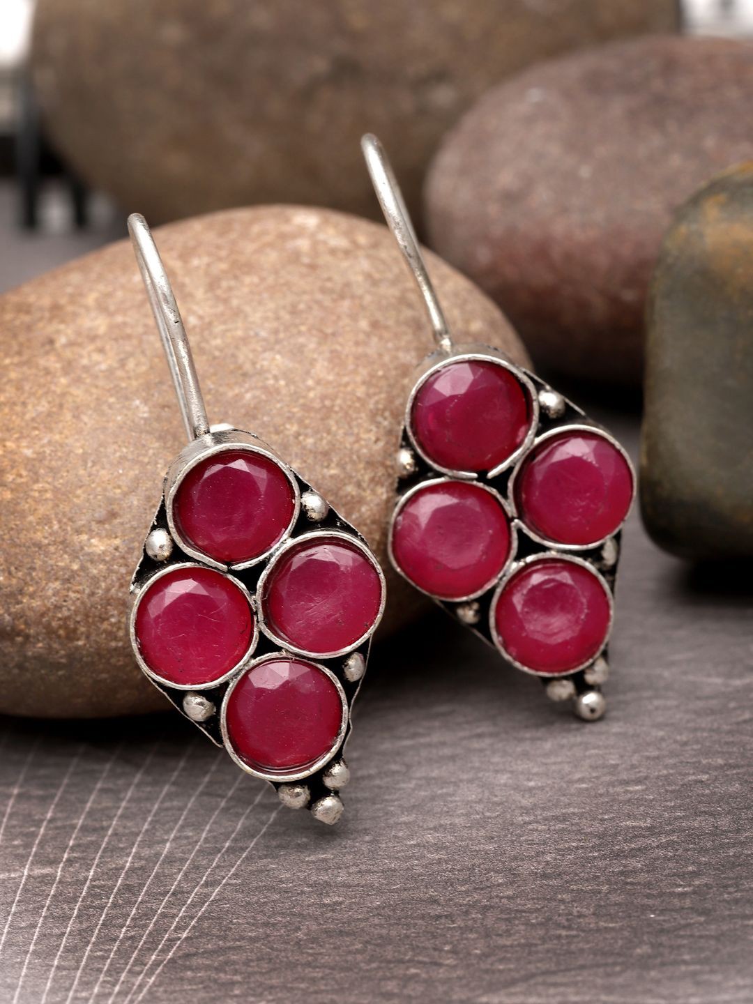 

Sanjog Silver-Plated German Silver Contemporary Oxidised Artificial Stones Drop Earrings, Pink