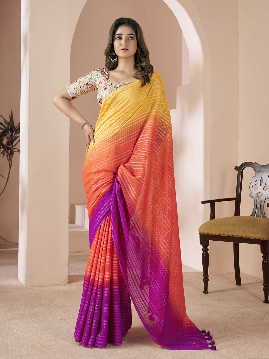 

Panzora Striped Saree With Tassel, Orange