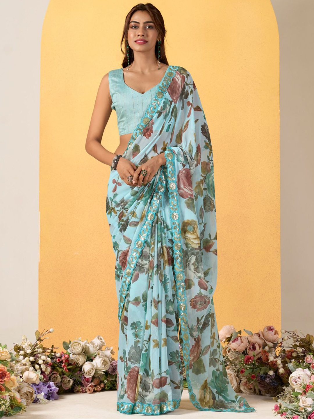 

Panzora Ethnic Motifs Printedv Sequinned Saree, Blue
