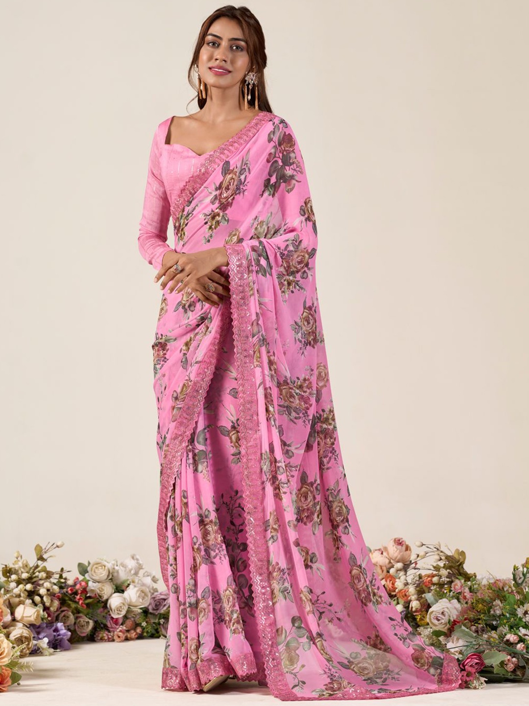 

Panzora Floral Embroidered Saree, Pink