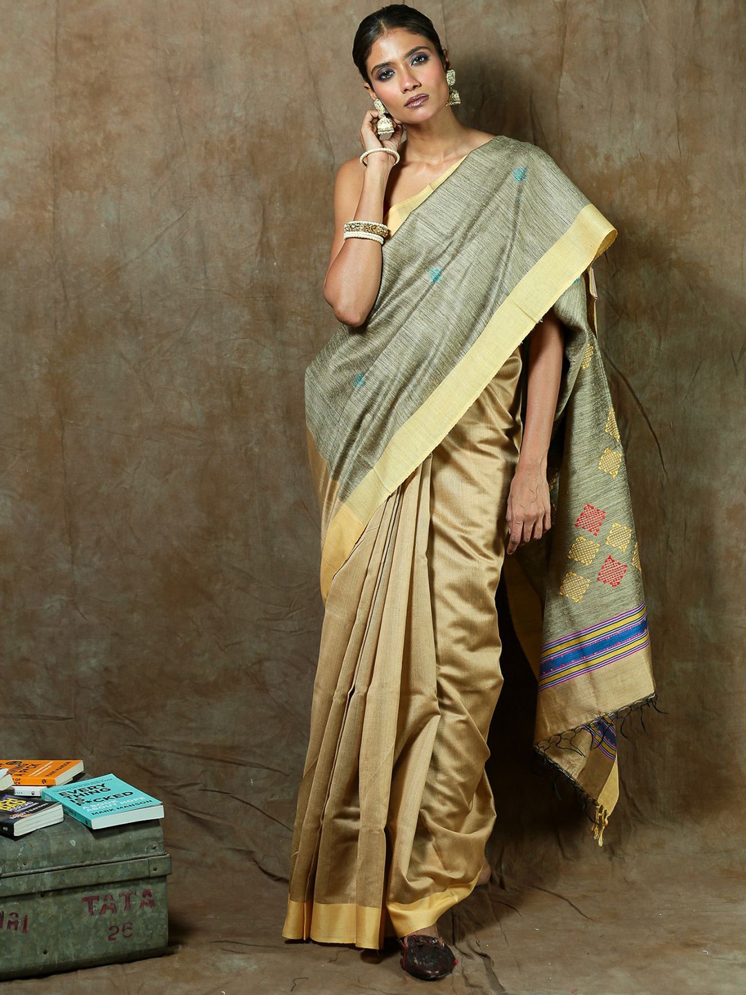 

Urbane Essence Woven Design Pure Silk Tussar Saree, Cream