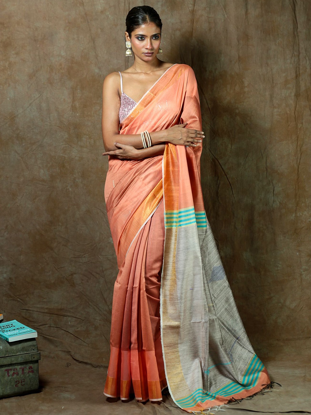 

Urbane Essence Woven Design Zari Pure Silk Tussar Saree, Peach