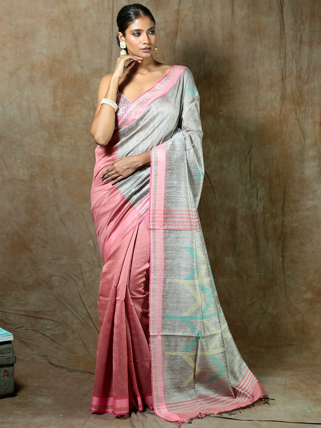 

Urbane Essence Pure Silk Tussar Saree, Pink