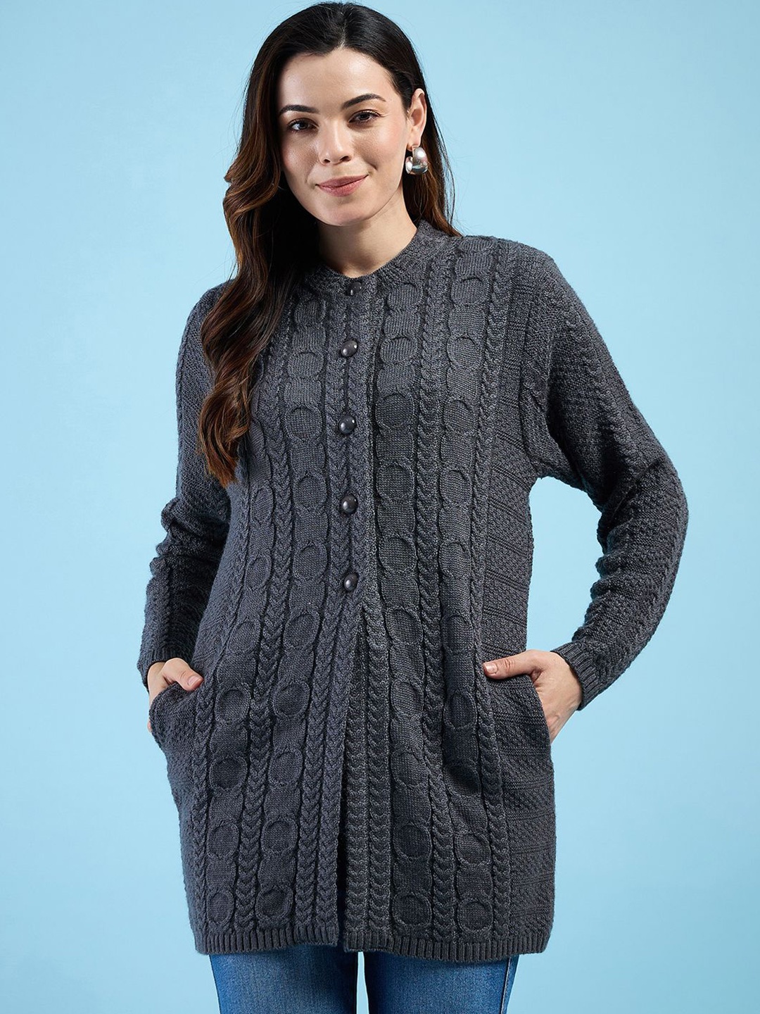 

CLAPTON Women Cable Knit Woollen Longline Pullover Sweaters, Grey